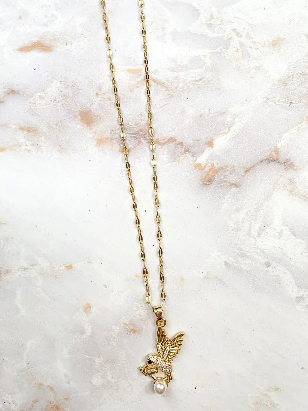 Gold Hummingbird Pearl Necklace Dainty Crystal Bird Pendant Sparkly Jewelry